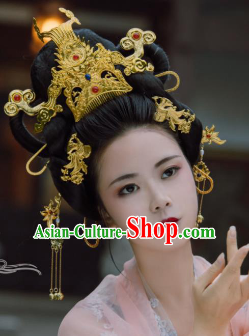 Traditional Chinese Tang Dynasty Empress Golden Phoenix Coronet Hairpins Handmade Ancient Queen Hair Accessories for Women