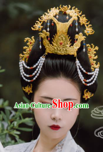 Traditional Chinese Tang Dynasty Empress Pearls Phoenix Coronet Hairpins Handmade Ancient Queen Hair Accessories for Women