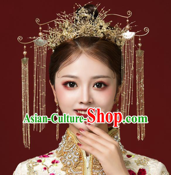 Traditional Handmade Chinese Golden Tassel Hair Crown Hairpins Ancient Bride Hair Accessories for Women