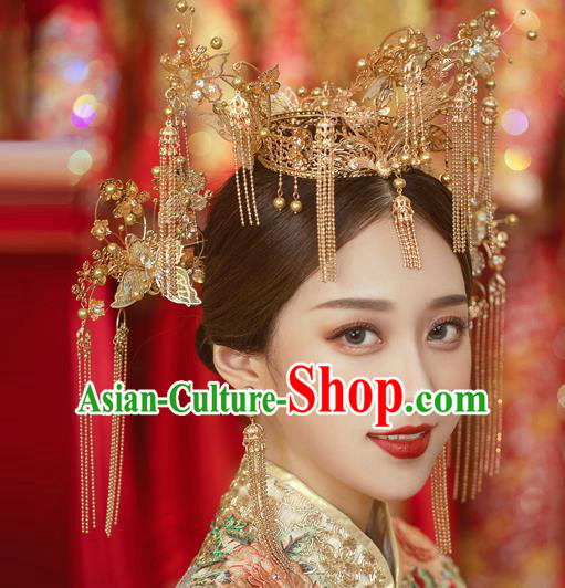 Traditional Chinese Handmade Golden Butterfly Tassel Phoenix Crown Hairpins Ancient Bride Hair Accessories for Women