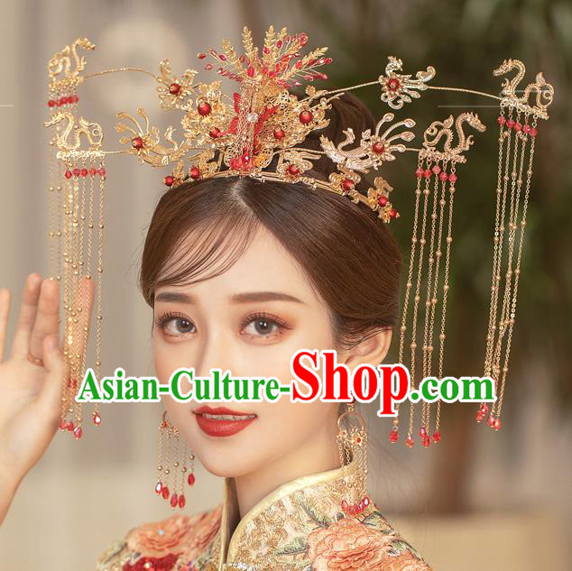 Traditional Chinese Handmade Golden Tassel Phoenix Crown Hairpins Ancient Bride Hair Accessories for Women