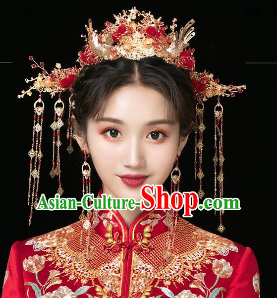 Traditional Handmade Chinese Wedding Red Venonat Phoenix Hair Crown Hairpins Ancient Bride Hair Accessories for Women