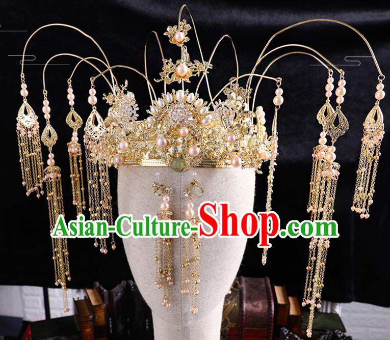 Traditional Handmade Chinese Wedding Pearls Phoenix Coronet Hairpins Ancient Bride Hair Accessories for Women