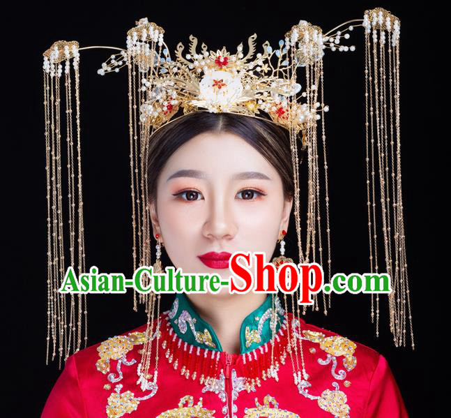 Traditional Handmade Chinese Wedding Jade Phoenix Coronet Hairpins Ancient Bride Hair Accessories for Women