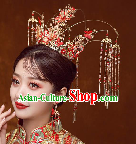 Traditional Handmade Chinese Wedding Red Butterfly Hair Crown Hairpins Ancient Bride Hair Accessories for Women