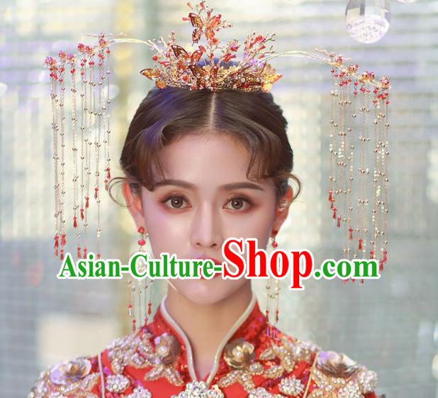 Traditional Handmade Chinese Wedding Red Phoenix Coronet Hairpins Ancient Bride Hair Accessories for Women