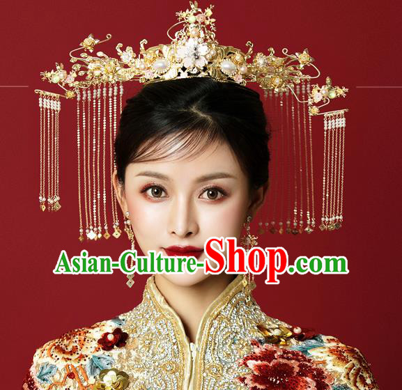 Traditional Chinese Wedding Golden Phoenix Coronet Hairpins Handmade Ancient Bride Hair Accessories for Women