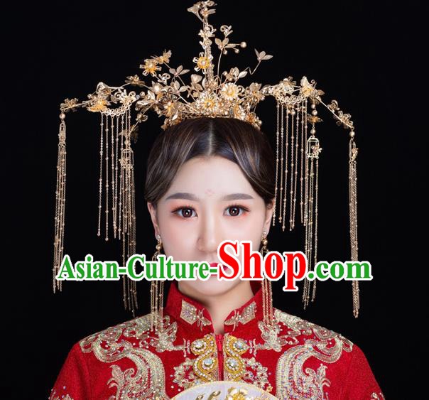 Traditional Handmade Chinese Wedding Golden Tassel Coronet Hairpins Ancient Bride Hair Accessories for Women