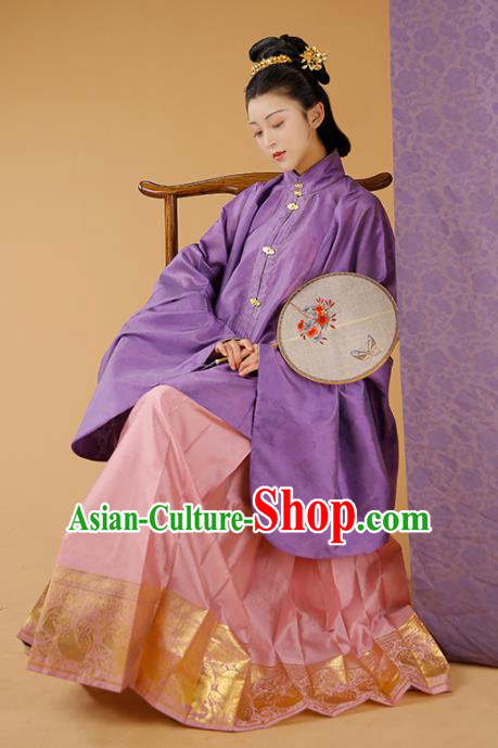 Traditional Chinese Court Mistress Purple Blouse and Skirt Ancient Ming Dynasty Patrician Dowager Historical Costumes for Women