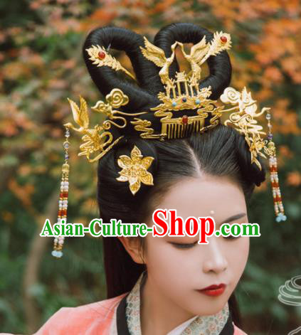 Traditional Chinese Tang Dynasty Princess Crane Hair Comb Hairpins Handmade Ancient Queen Hair Accessories for Women