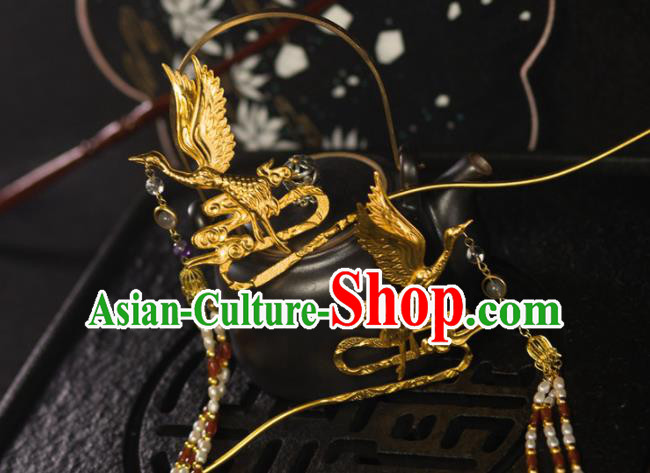 Chinese Traditional Tang Dynasty Court Golden Crane Tassel Hairpins Handmade Ancient Royal Empress Hair Accessories for Women