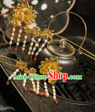 Chinese Traditional Tang Dynasty Court Pearls Tassel Hairpins Handmade Ancient Royal Empress Hair Accessories for Women