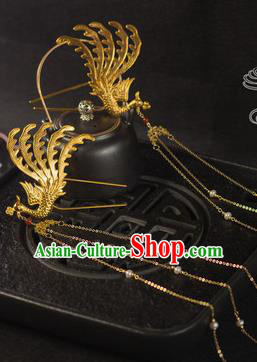 Chinese Traditional Tang Dynasty Golden Phoenix Tassel Hairpins Handmade Ancient Royal Empress Hair Accessories for Women
