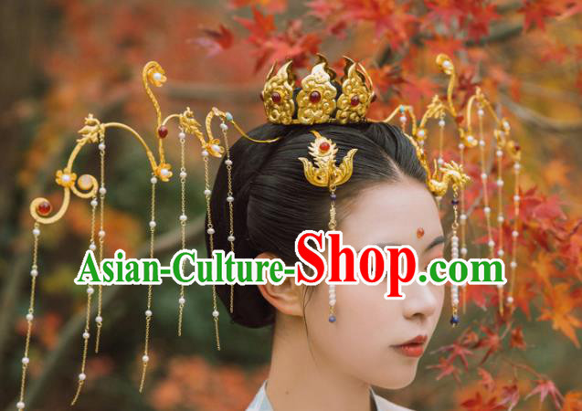 Traditional Chinese Tang Dynasty Princess Hair Crown Phoenix Tassel Hairpins Handmade Ancient Queen Hair Accessories for Women