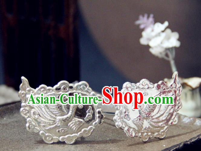 Chinese Traditional Tang Dynasty Princess Carving Phoenix Argent Hairpins Handmade Ancient Royal Empress Hair Accessories for Women