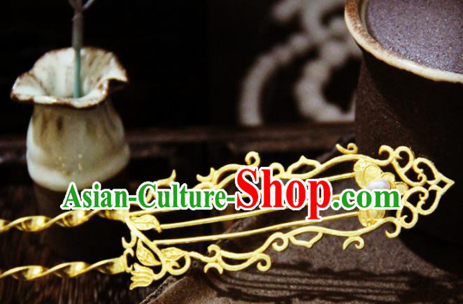 Chinese Traditional Ming Dynasty Princess Golden Pearl Hairpins Handmade Ancient Royal Empress Hair Accessories for Women
