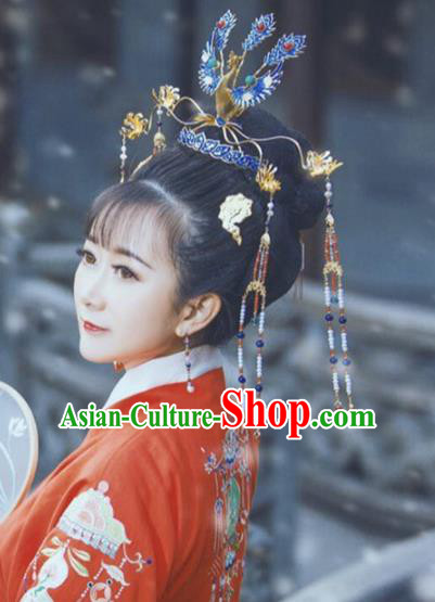 Traditional Chinese Ming Dynasty Princess Cloisonne Phoenix Coronet Hairpins Handmade Ancient Queen Hair Accessories for Women