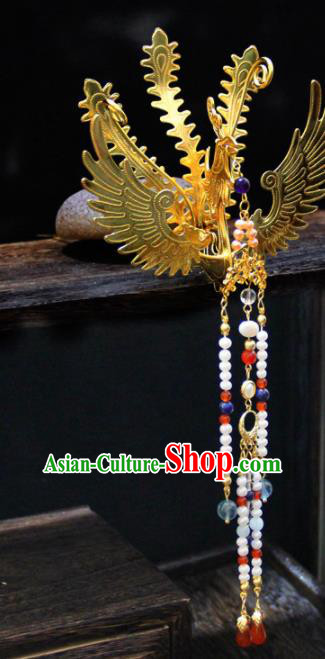 Chinese Traditional Tang Dynasty Princess Golden Phoenix Tassel Hairpins Handmade Ancient Royal Empress Hair Accessories for Women