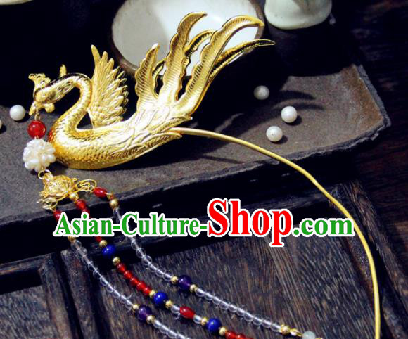 Chinese Traditional Ming Dynasty Princess Golden Phoenix Tassel Hairpins Handmade Ancient Royal Empress Hair Accessories for Women