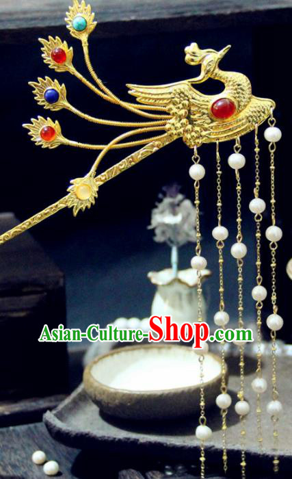 Chinese Traditional Tang Dynasty Golden Phoenix Hairpin Handmade Ancient Royal Empress Hair Accessories for Women