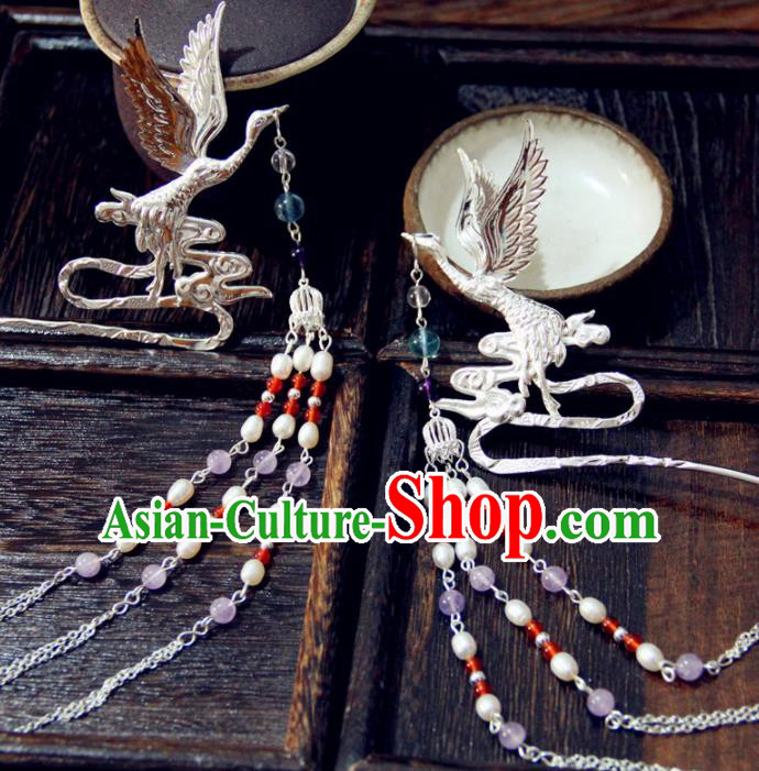 Chinese Traditional Ming Dynasty Crane Tassel Hairpins Handmade Ancient Royal Princess Hair Accessories for Women