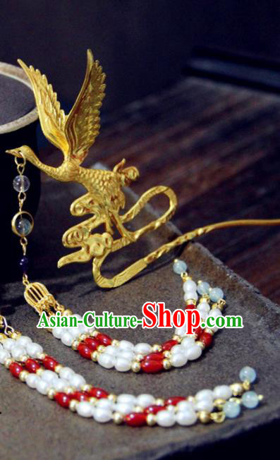Chinese Traditional Ming Dynasty Golden Crane Tassel Hairpins Handmade Ancient Royal Princess Hair Accessories for Women