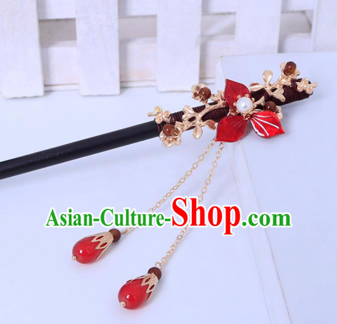 Traditional Chinese Ming Dynasty Sandalwood Red Flower Hairpins Handmade Ancient Swordsman Hair Accessories for Women