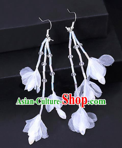 Chinese Traditional Wedding White Silk Flowers Earrings Handmade Ancient Bride Ear Accessories for Women