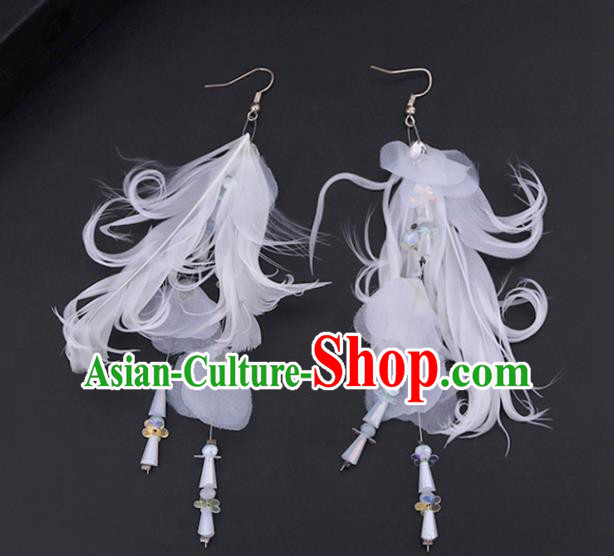 Chinese Traditional Handmade Wedding White Feather Earrings Ancient Bride Ear Accessories for Women