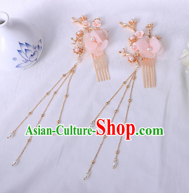 Chinese Traditional Ming Dynasty Pink Flower Hair Combs Hairpins Handmade Ancient Princess Hair Accessories for Women