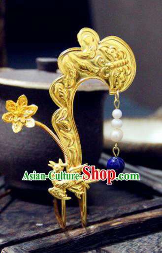 Chinese Traditional Tang Dynasty Princess Golden Phoenix Hairpin Handmade Ancient Royal Empress Hair Accessories for Women