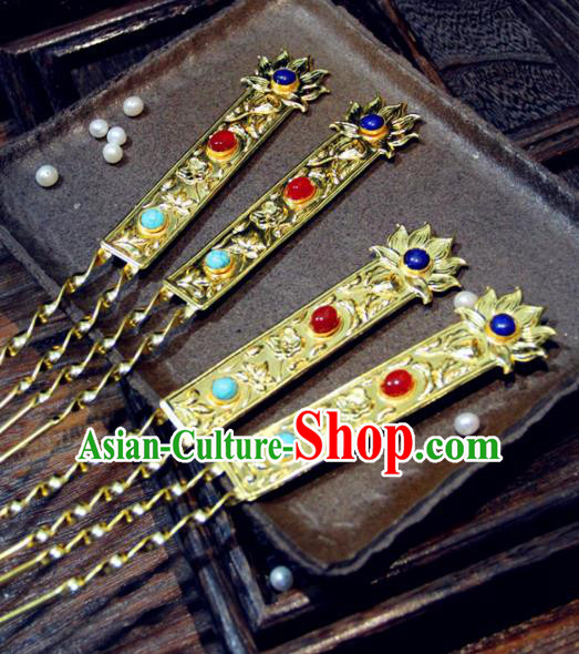 Chinese Traditional Tang Dynasty Princess Golden Lotus Hairpins Handmade Ancient Royal Empress Hair Accessories for Women