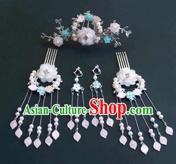 Traditional Chinese Hanfu Peach Blossom Tassel Hair Combs Hairpins Handmade Ancient Princess Hair Accessories Complete Set for Women