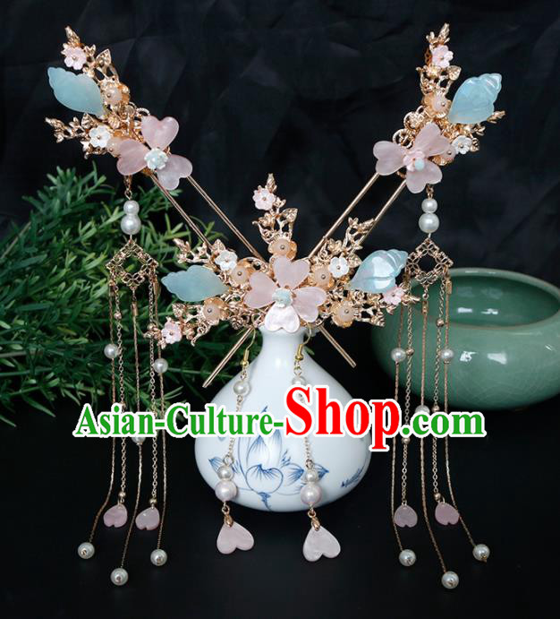 Traditional Chinese Hanfu Plum Tassel Hairpins Handmade Ancient Princess Hair Accessories Complete Set for Women