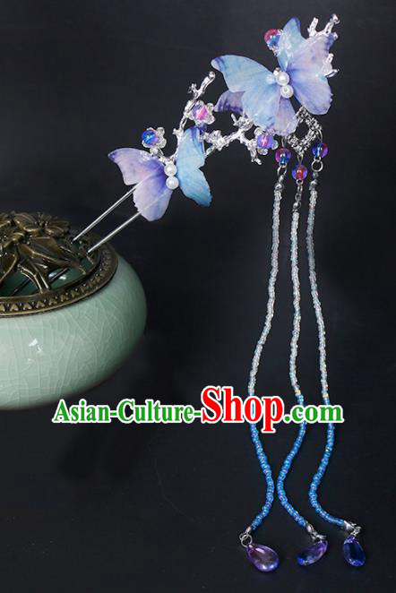 Traditional Chinese Hanfu Blue Butterfly Hairpin Handmade Ancient Princess Hair Accessories for Women