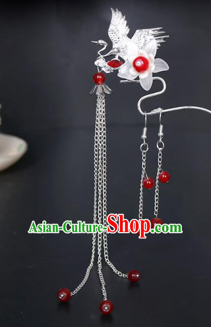 Traditional Chinese Hanfu Crane Tassel Hairpin Handmade Ancient Princess Hair Accessories for Women