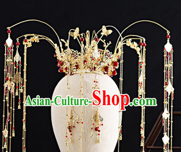 Traditional Chinese Hanfu Tassel Golden Phoenix Coronet Handmade Ancient Princess Hair Accessories for Women