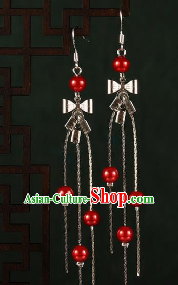 Chinese Traditional Hanfu Red Beads Bowknot Earrings Ancient Fairy Ear Accessories for Women