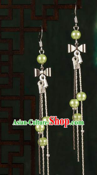 Chinese Traditional Hanfu Green Beads Bowknot Earrings Ancient Fairy Ear Accessories for Women