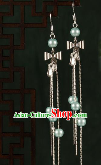 Chinese Traditional Hanfu Blue Beads Bowknot Earrings Ancient Fairy Ear Accessories for Women