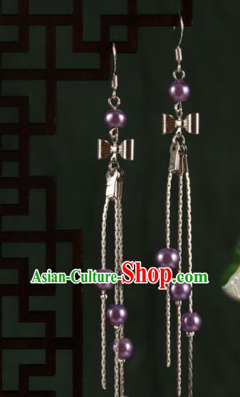 Chinese Traditional Hanfu Purple Beads Bowknot Earrings Ancient Fairy Ear Accessories for Women