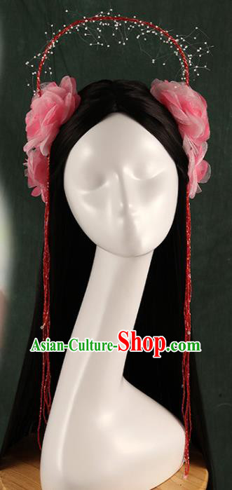 Traditional Chinese Song Dynasty Princess Wigs and Pink Hairpins Ancient Seven Fairies Hair Accessories for Women