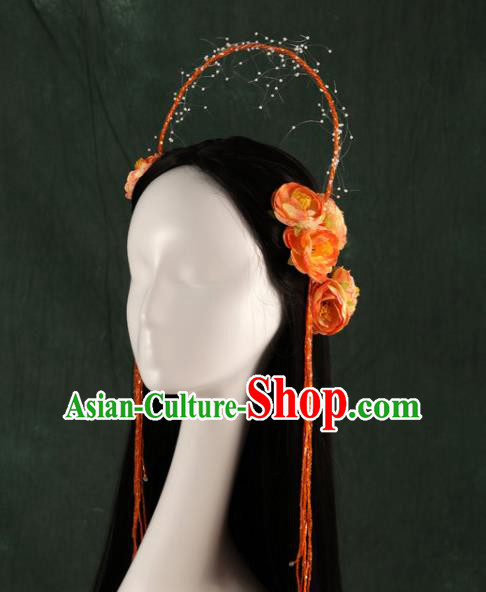 Traditional Chinese Song Dynasty Princess Wigs and Orange Peony Hairpins Ancient Seven Fairies Hair Accessories for Women
