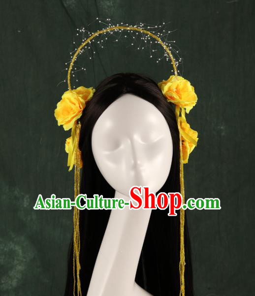 Traditional Chinese Song Dynasty Princess Wigs and Yellow Peony Hairpins Ancient Seven Fairies Hair Accessories for Women