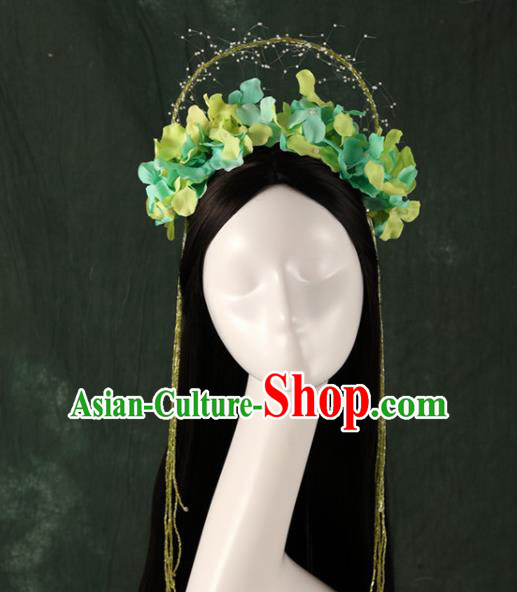 Traditional Chinese Song Dynasty Princess Wigs and Green Flowers Hairpins Ancient Seven Fairies Hair Accessories for Women