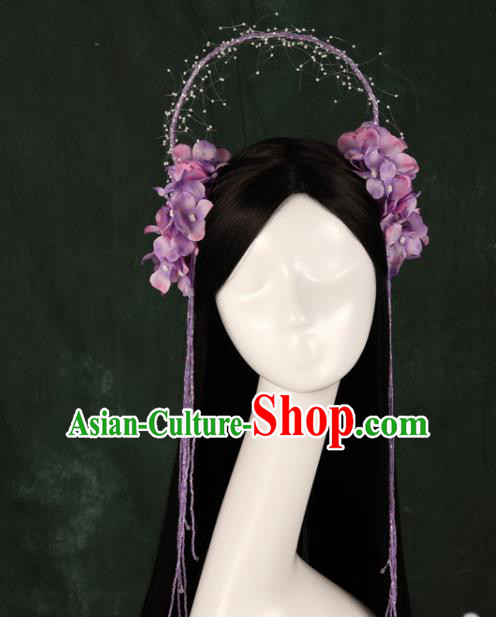 Traditional Chinese Song Dynasty Princess Wigs and Purple Flowers Hairpins Ancient Seven Fairies Hair Accessories for Women
