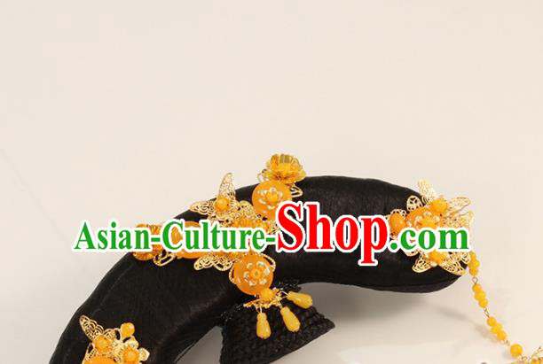 Traditional Chinese Qing Dynasty Princess Wigs and Orange Hairpins Ancient Court Lady Hair Accessories for Women