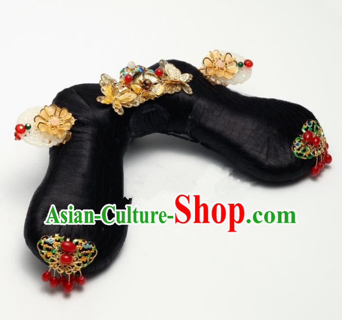 Traditional Chinese Qing Dynasty Imperial Consort Wigs and Golden Hairpins Ancient Court Lady Hair Accessories for Women