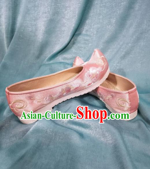 Traditional Chinese Hanfu Pink Satin Shoes Handmade Ancient Princess Embroidered Shoes for Women