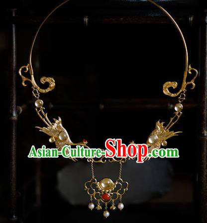 Traditional Chinese Hanfu Golden Crane Necklace Handmade Ancient Princess Necklet Accessories for Women